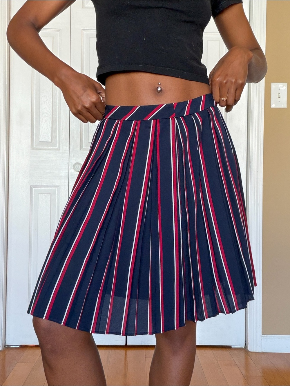 Banana Republic Navy Pleated Skater Skirt with Red & White Stripes
